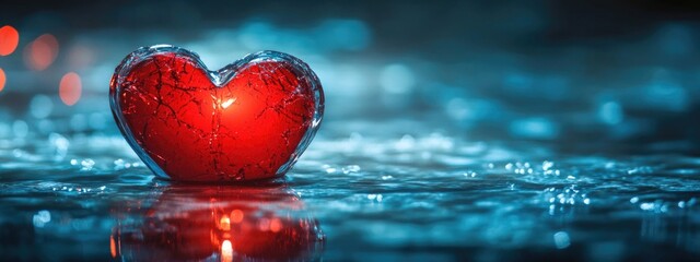 Wall Mural - Red heart-shaped crystal on reflective surface with blue light bokeh and soft focus background Copy Space