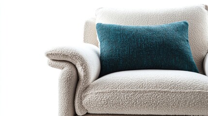 Fototapete - Cozy white upholstered armchair with a teal decorative pillow featuring ample Copy Space for text placement in a minimalist setting