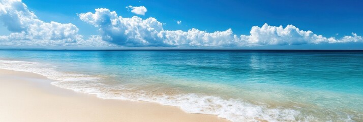 Poster - Bright blue ocean meets soft sandy beach under a clear sky with fluffy clouds and gentle waves suitable for relaxation. Generative AI