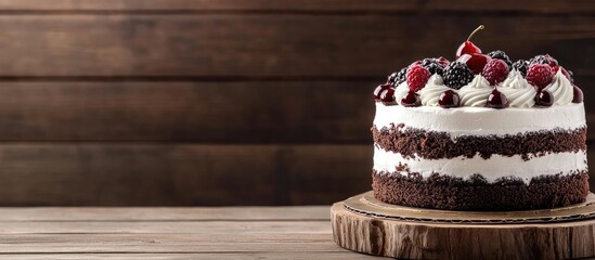 Canvas Print - Delicious Black Forest Cake in a Cozy Bakery Setting on Wooden Table with Cherry and Berries Decoration and Blank Space for Text