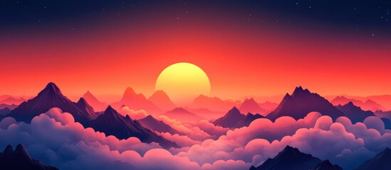 Wall Mural - vibrant sunset with deep red and orange hues above clouds and silhouetted mountains in the backgroun