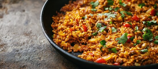 Wall Mural - Close-up of black frying pan filled with colorful faux rice dish, garnished with fresh herbs, on rustic stone surface, featuring empty copyspace for text.