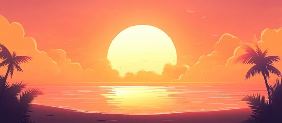 Wall Mural - vibrant sunset over calm seaside with silhouetted palm trees and soft pink orange sky ideal for text
