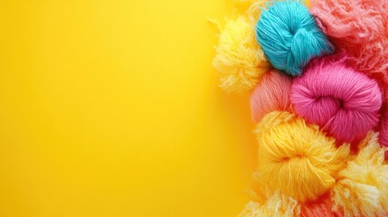 Wall Mural - Colorful yarn balls arranged on bright yellow background with ample copy space for text. Vivid hues include teal, pink, yellow, and orange.