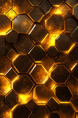 Poster - Glowing golden hexagonal pattern with futuristic metallic texture