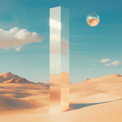 Poster - Futuristic desert with a glass monolith and floating sphere under blue sky
