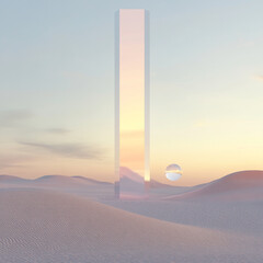 Poster - Surreal desert scene with a glass monolith and floating sphere at sunset