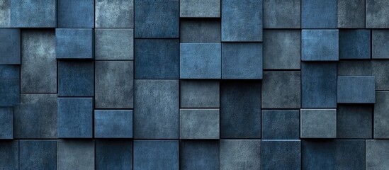 Poster - Textured gray and blue concrete wall with stacked rectangular panels and geometric patterns ideal for background use with Copy Space