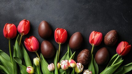 Wall Mural - Colorful tulips and chocolate eggs arranged on a dark background with ample copy space for Easter-themed designs and promotions.