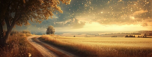 Wall Mural - Golden sunset over a rural landscape with dirt road and fields under a starry sky copy space