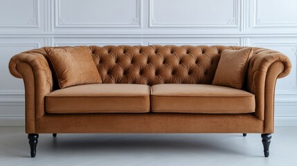 Fototapete - Brown tufted velvet sofa with decorative pillows against a white paneled wall in a stylish interior setting with Copy Space available.