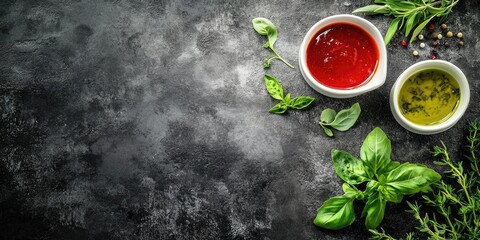 Wall Mural - Herb and spice arrangement with red sauce and green dressing in white bowls on dark stone background with Copy Space