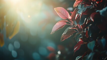 Poster - Vibrant close-up of red and green leaves with sunlight and bokeh background Perfect for nature themes with Copy Space for text area.