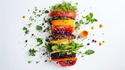 Wall Mural - Colorful stacked vegetables with herbs and spices on a white background featuring ample Copy Space for text or graphics.