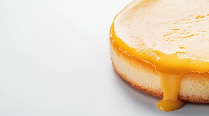 Wall Mural - Close-up of a round cheesecake with a glossy fruit topping dripping over the edge on a white background with Copy Space