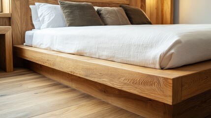 Canvas Print - Modern wooden platform bed with white linens and decorative pillows in a cozy bedroom interior Copy Space