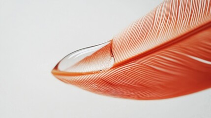 Aufkleber - Close-up of an orange feather with a water droplet resting on its surface against a white background, featuring ample copy space for text.