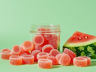 colorful watermelon flavored gummy candies capture a refreshing summer vibe on a bright green backgr