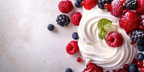 Canvas Print - Fresh whipped cream topped with mixed berries including raspberries, blueberries, and blackberries on a textured background with Copy Space