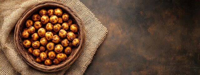 Canvas Print - Basket of brown nuts on burlap background with textured dark surface and ample copy space for text placement