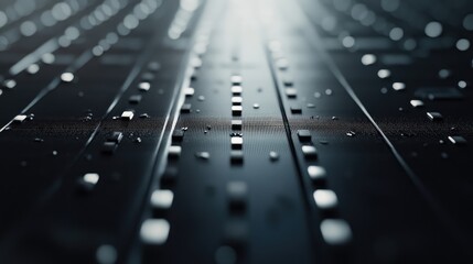Aufkleber - Close-up of a metallic surface with droplets of water reflecting light, featuring a linear pattern creating a visually striking abstract background.