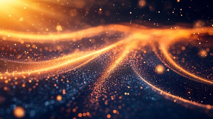 Poster - Abstract rendering with flowing lines of golden particles on a dark background with bokeh lights