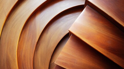 Wall Mural - Abstract close-up of curved wooden staircase with polished surface and warm tones Copy Space