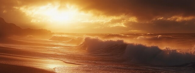 Wall Mural - Golden Sunset Over Ocean Waves with Dramatic Cloudscape and Copy Space