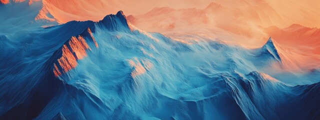 Wall Mural - Abstract blue and orange mountain landscape with dynamic textures and gradients Copy Space for text placement