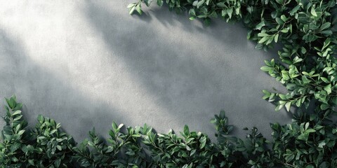 Poster - Green foliage borders on a textured concrete surface with soft light shadows Copy Space