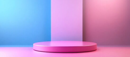 Aufkleber - Colorful studio background with a round pedestal and vertical panels in blue and pink hues featuring copy space for text placement.