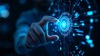 © Din Nasahrudin - Hand touch digital hud interface futuristic technology background of virtual computer screen display ui future concept or cyber communication hologram and innovation internet system on vr cyberspace.