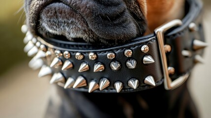 Black dog wearing a spiked leather collar with decorative studs showcasing a close-up view and Copy Space for text placement.