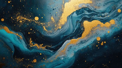 Wall Mural - Abstract blue and gold swirling fluid art background with texture and dynamic movement Copy Space