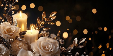 Wall Mural - Elegant arrangement of white roses and candles surrounded by golden foliage on a dark background with soft bokeh lights Copy Space