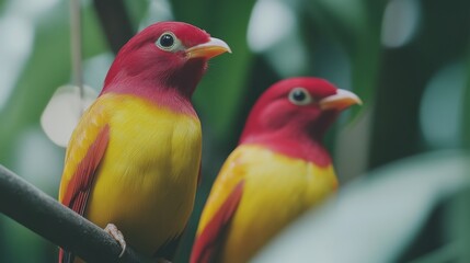a close-up shot of yellow and red birds perched on a branch, their colors vibrant against a soft gre