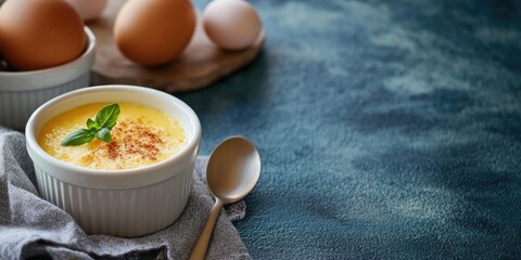 Canvas Print - Baked custard dessert in a white ramekin with fresh basil on a textured blue background with eggs and wooden spoon Copy Space