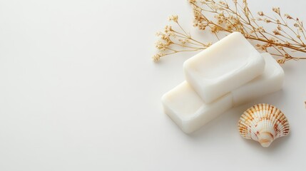 White soap bars arranged with dried flowers and a seashell on a light background with Copy Space.