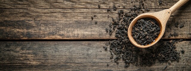 Wall Mural - Dried black tea leaves scattered on rustic wooden table with wooden spoon and copy space for text