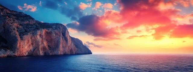 Sticker - Panoramic view of rocky coastline at sunset with colorful clouds and tranquil ocean water Copy Space