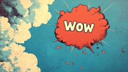 Wall Mural - Comic style speech bubble with the word Wow and colorful background featuring clouds and splatter effects Copy Space