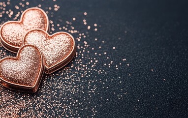 Wall Mural - Two delightful heart-shaped cookies rest on a sleek black surface, inviting love and sweetness to celebrate Valentine's Day in a charming way.