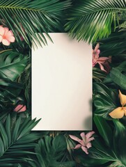 Leinwandbilder - Mock up space framed by vibrant tropical leaves and flowers for creative text applications. Generative AI