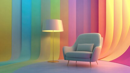 Fototapete - Modern interior design featuring a stylish armchair and a floor lamp against a colorful wavy backdrop with copy space for text.