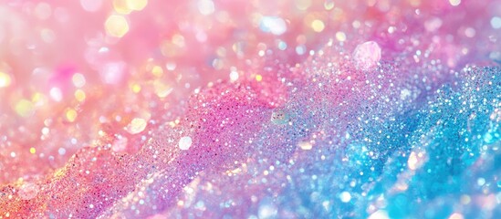 Aufkleber - Colorful glitter background with soft pastel tones of pink and blue, featuring bokeh effect and shimmering sparkle, suitable for design use.