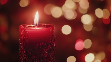 Aufkleber - Red candle glowing with soft light surrounded by bokeh background of warm holiday lights and Copy Space for text placement.