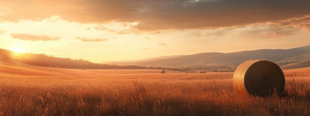 Wall Mural - Golden sunset over rolling hills with a lone hay bale in a vast open field, warm colors highlighting the landscape, Copy Space.