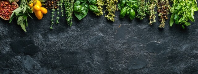 Wall Mural - Fresh vegetables and herbs on dark stone background with copy space for text and recipes