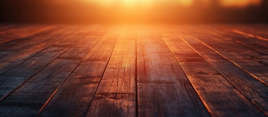 Poster - Wooden floor with warm sunset glow in background showcasing natural textures and Copy Space for text placement.