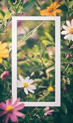 Poster - Bright flower garden with blank frame for text or design elements in a colorful summer setting. Generative AI